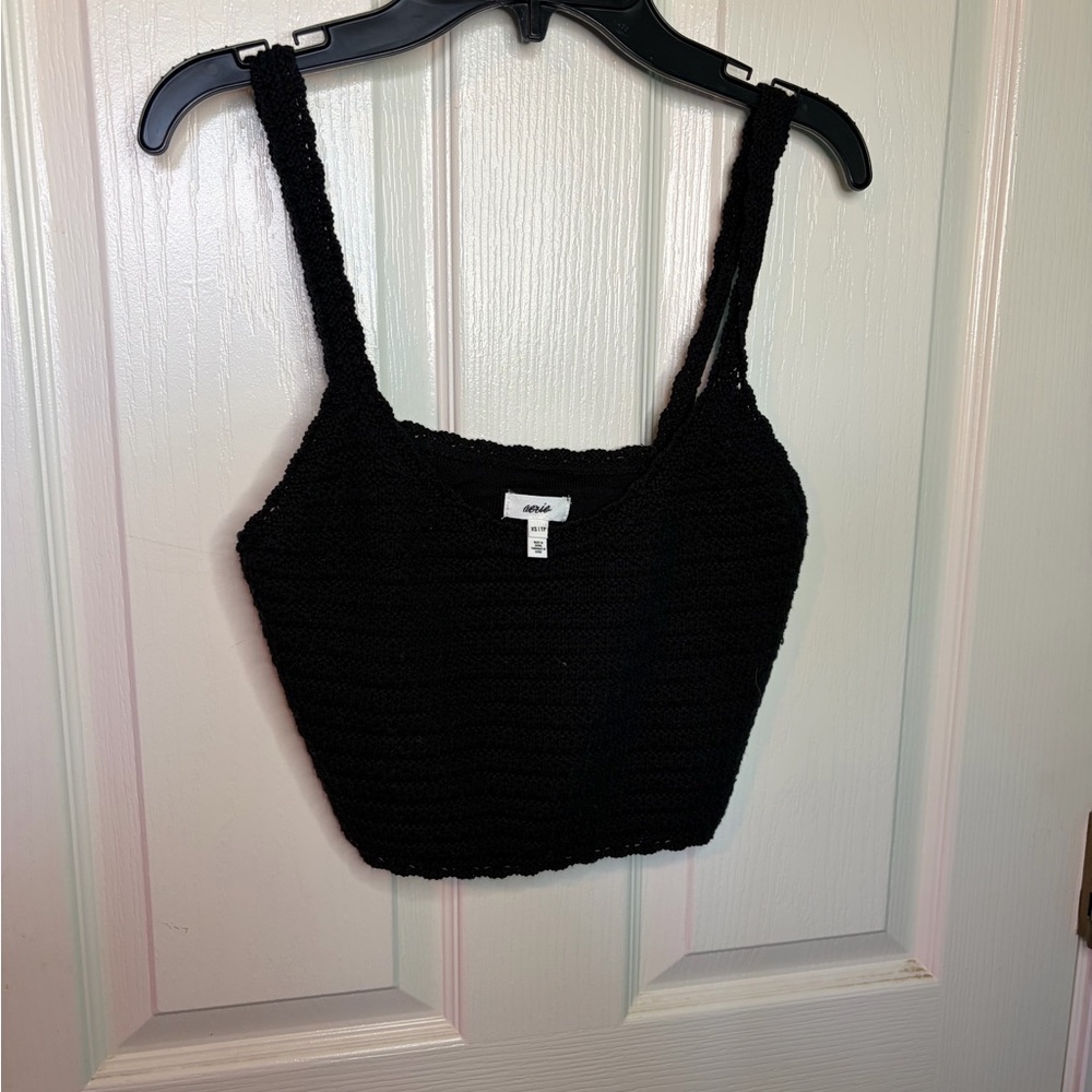 Aerie Black Crochet Cotton Cropped Tank Top Square Neck Sleeveless XS